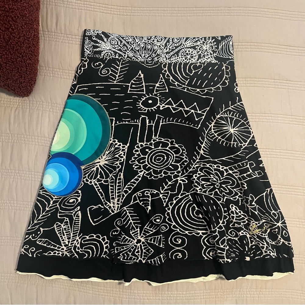 Desigual Black A-Line Skirt Teal and Aqua Circular Accents Artistic Design